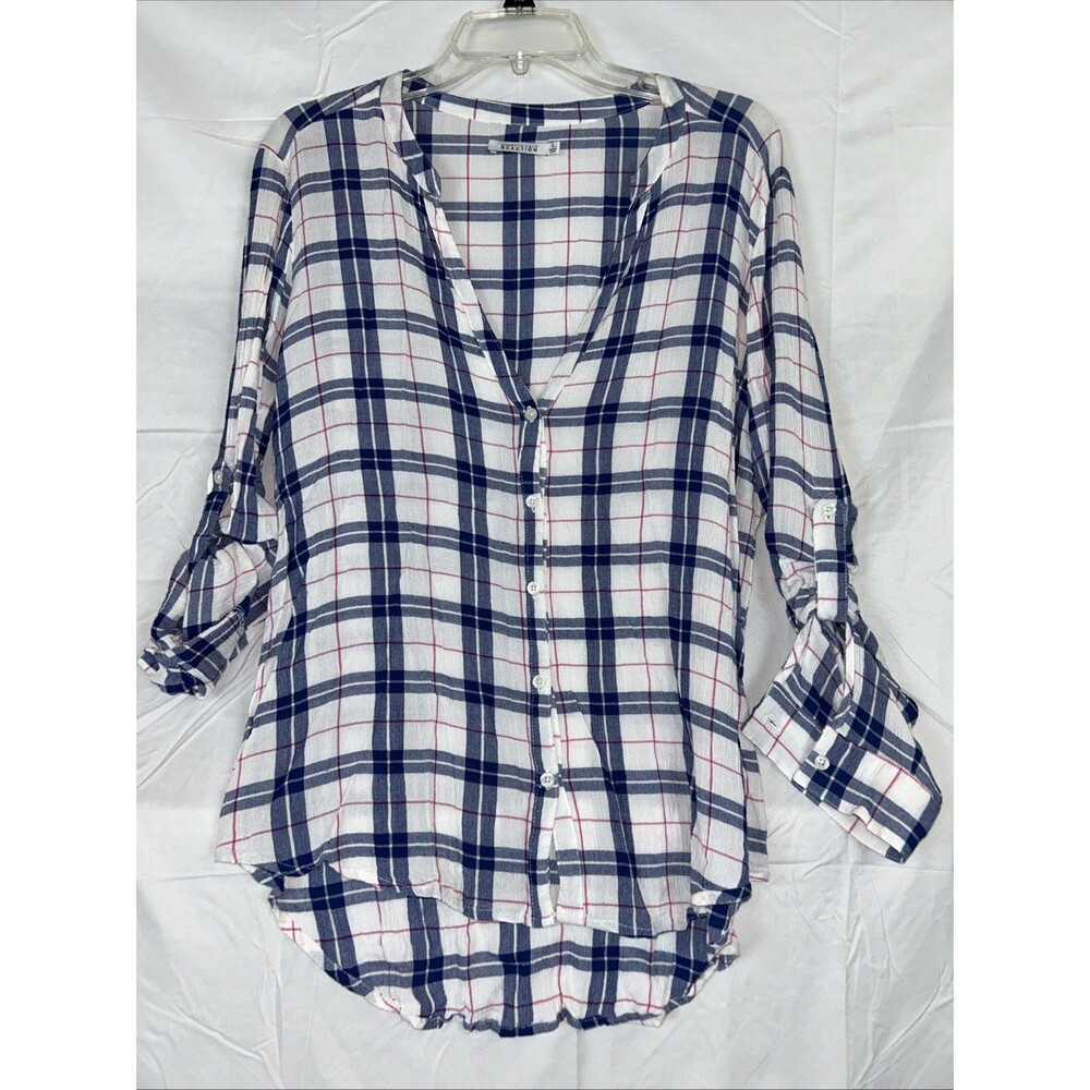 Reaction Kenneth Cole Sz L Blue Plaid Blouse Button Front Checkered Country
